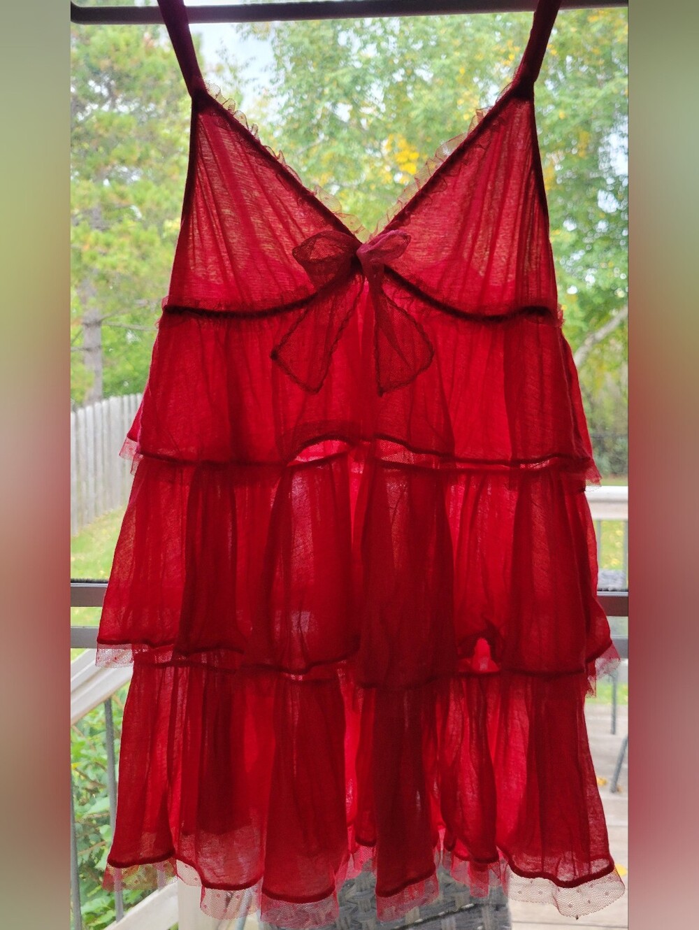 Victoria's Secret Sheer Red Tiered Babydoll Chemise with Bow Accent Silky Straps
